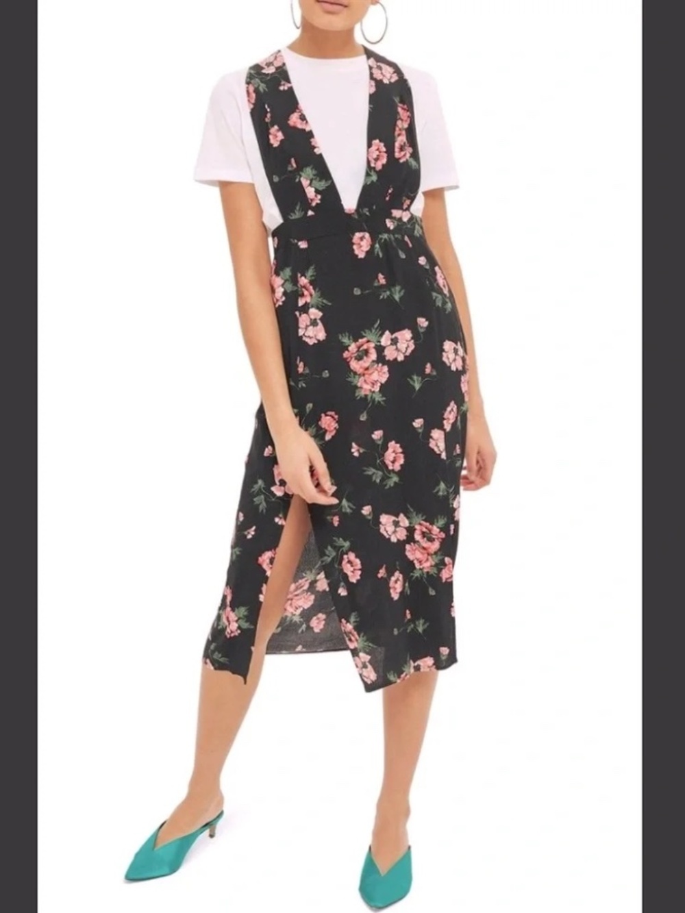 Topshop Black Floral Pinafore Dress - Size 0
